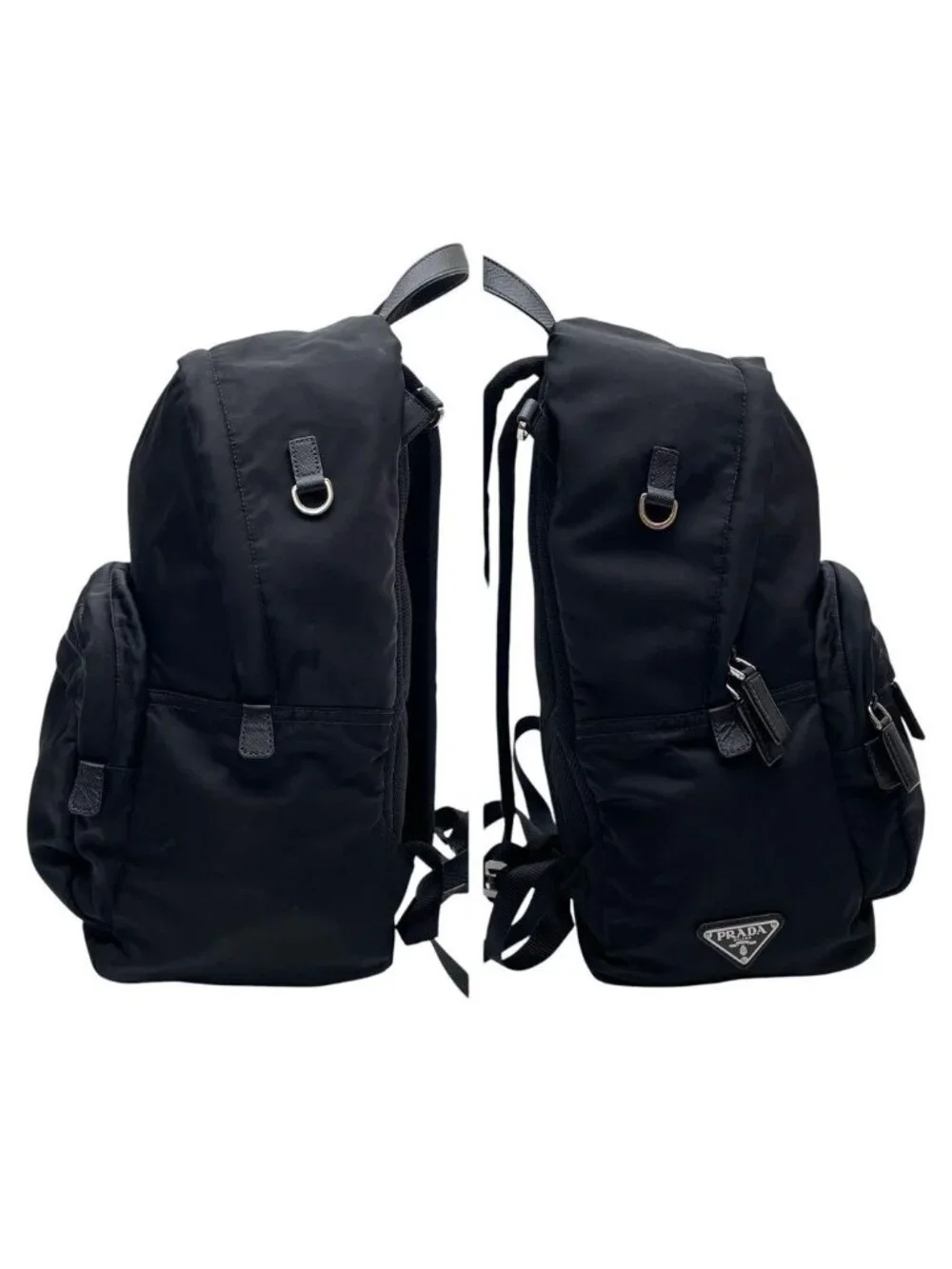 Prada Nylon Leather Triangle Plate Logo Backpack Black